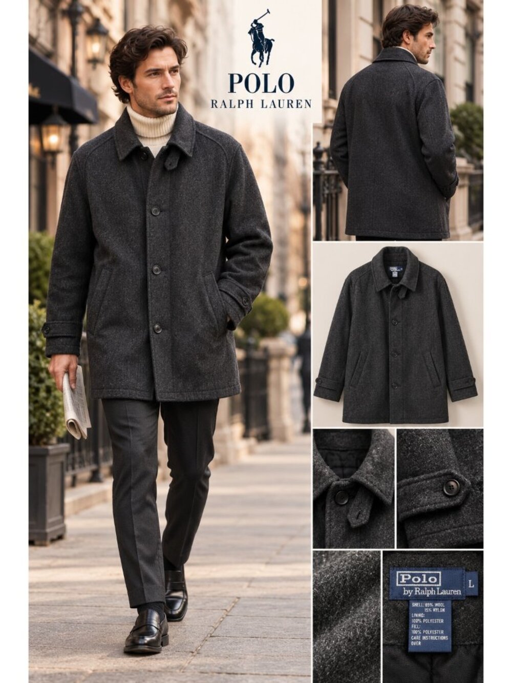 Polo Ralph Lauren Men’s L Charcoal Wool Blend Quilted Winter Coat